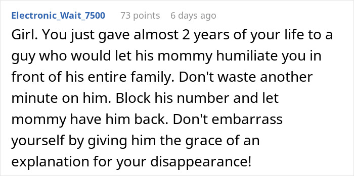 Text post from user Electronic_Wait_7500 commenting on a couple breakup after guy&rsquo;s mom jokingly steals girlfriend&rsquo;s seat to separate them.