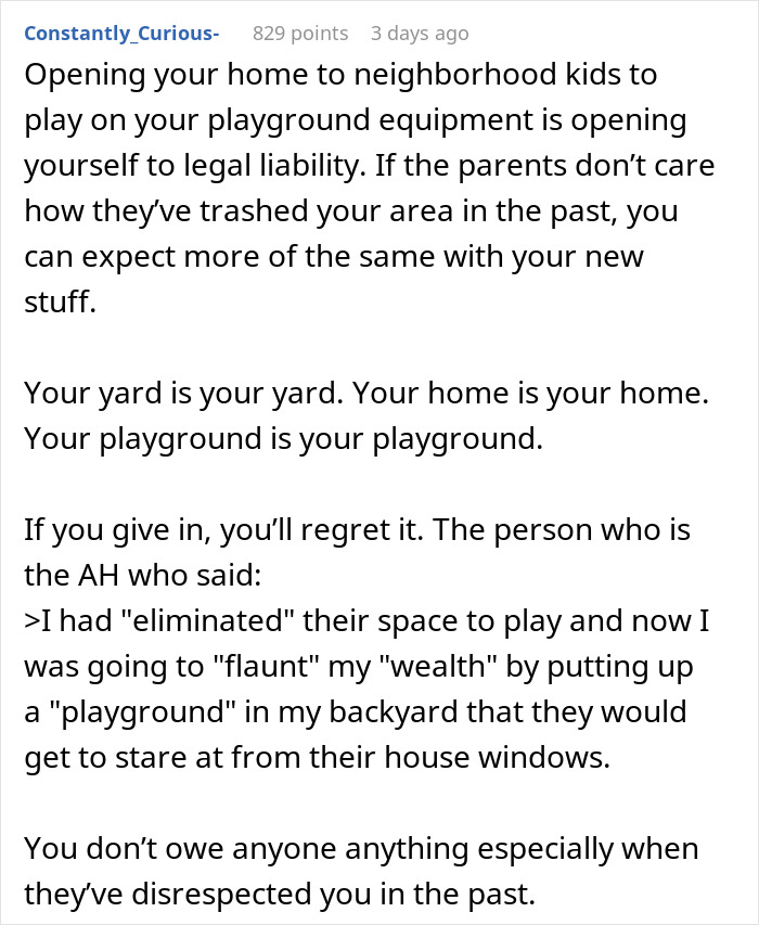 Woman buys swing set for her kid; friend accuses her of flexing wealth and causing neighborhood conflict.