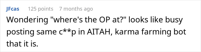 Comment on a social platform discussing karma farming, referencing the original poster.