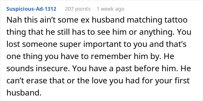 Comment discussing a man's upset feelings over his future wife's tattoo from her late husband.