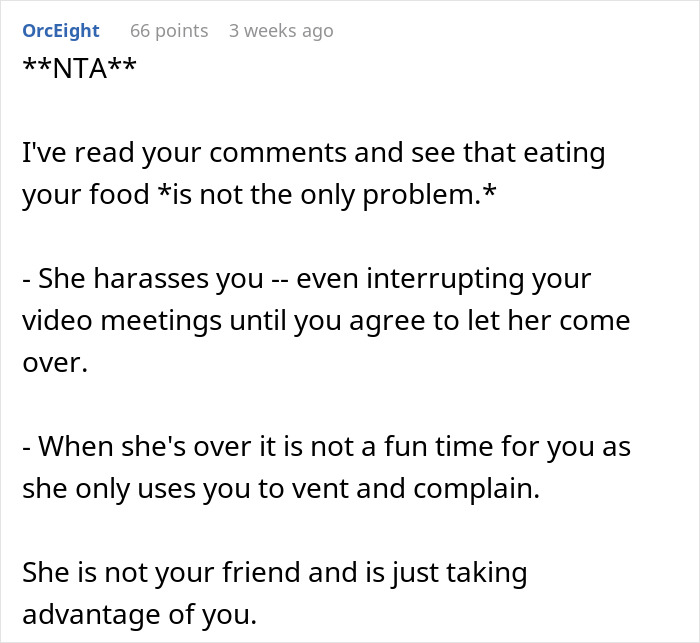 Reddit comment addressing backlash towards a woman whose friend consumes $60 of her groceries regularly.