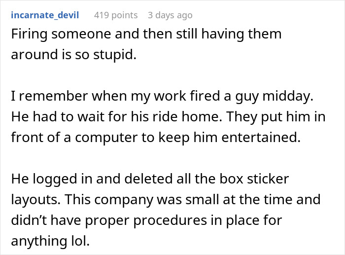 Text exchange about an event manager harassing teammates, detailing an office incident after a midday firing.