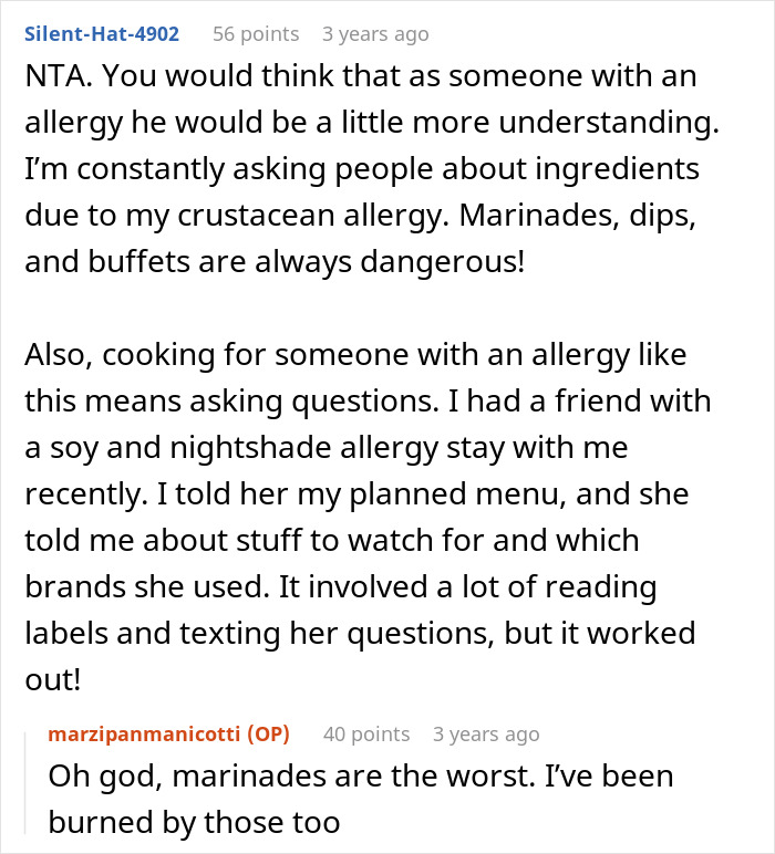 Reddit comments discussing allergies and gluten-free meal planning challenges.