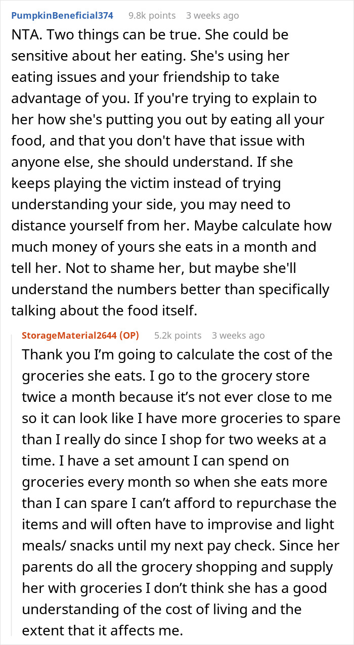 Discussion about woman confronting friend over eating $60 of groceries.
