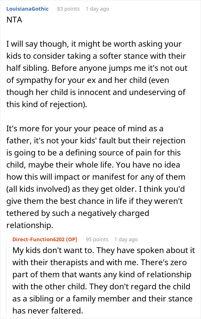 Reddit discussion on a father's dilemma about supporting a child from his ex’s affair. Reddit discussion on a father's dilemma about supporting a child from his ex’s affair.
