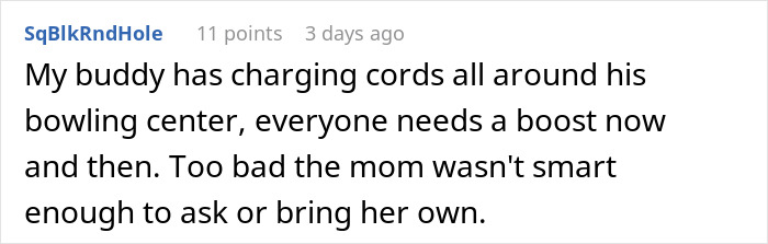 Comment discussing charging cords at a bowling alley, referencing a mom's oversight.