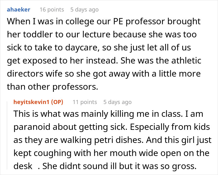 Reddit comments about a college professor bringing her child to class, causing distractions.