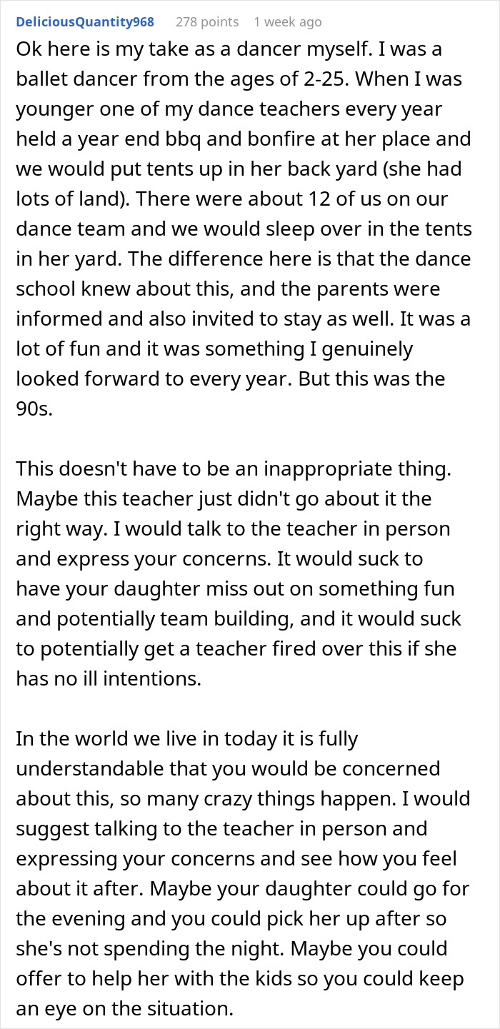 Text post about a mom's concerns over a dance teacher's sleepover invitation for kids.