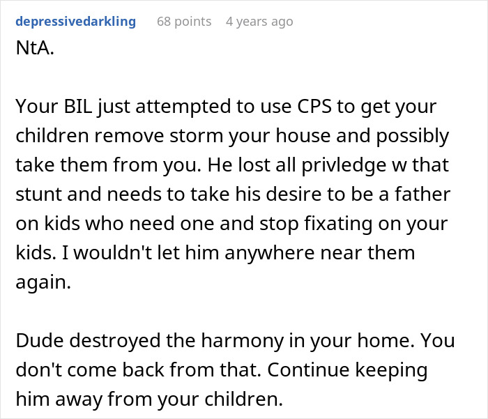Text discusses brother-in-law using CPS against a woman, impacting family harmony.