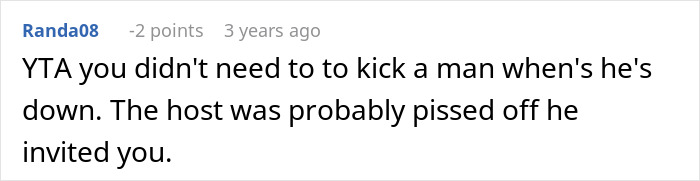 Reddit comment criticizing behavior, discussing oversharing at a social event.