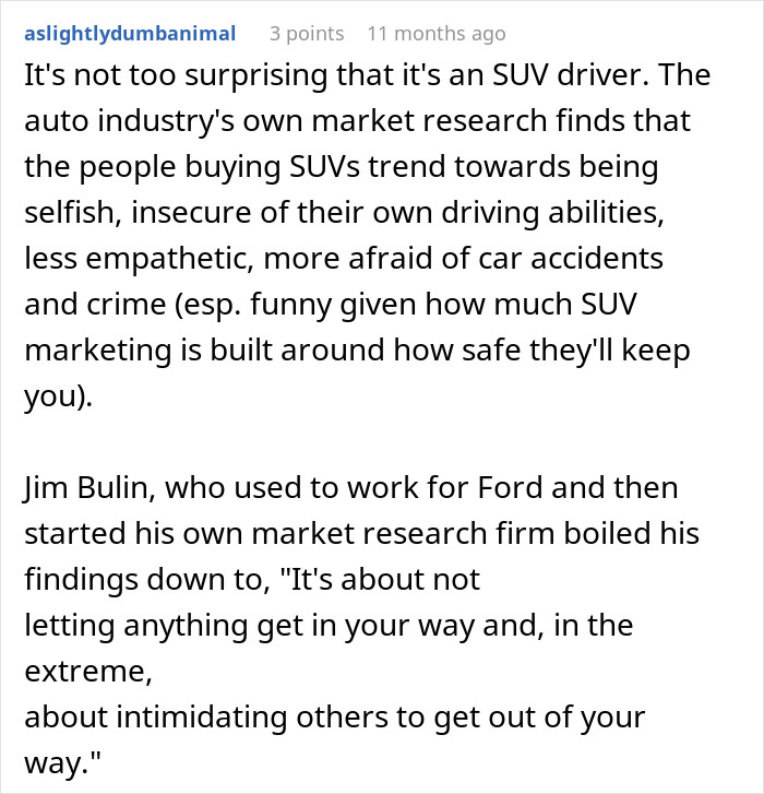 Text discussing arrogant SUV drivers and their market research insights.