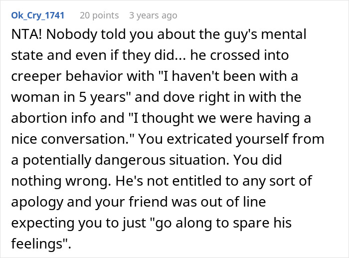 Text conversation about oversharing, with comments defending a woman's decision to set boundaries.