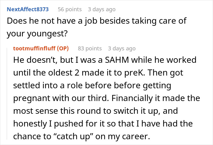 Text conversation about parenting roles and career choices between two users.