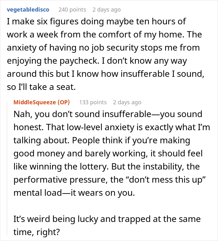 Reddit conversation about making millions with minimal work and the anxiety of job insecurity.