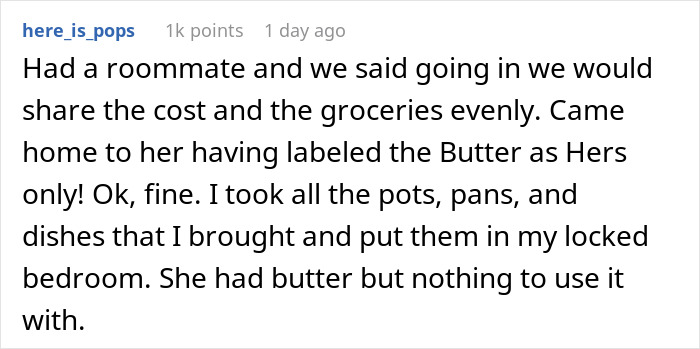 Roommate writes about setting up a trap for stealing food by locking kitchen items in the bedroom.