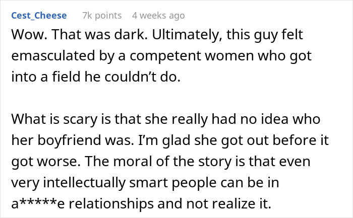Comment criticizing a boyfriend challenging his partner's medical expertise, highlighting the issue of feeling trapped.
