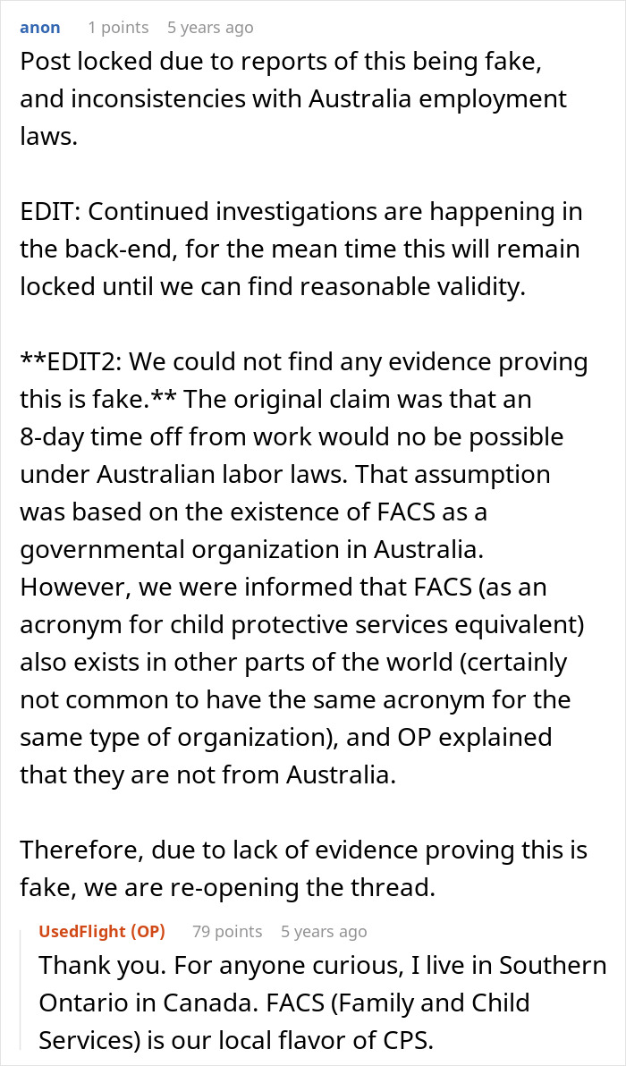 Text screenshot discussing child services acronym confusion with Australia.