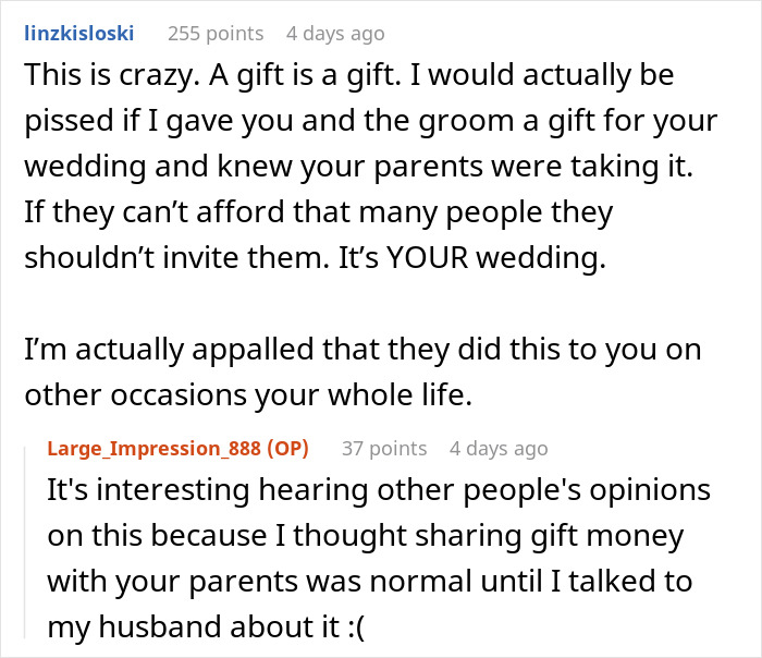 Reddit users discuss parents demanding wedding gifts, expressing disagreement and surprise over the idea.