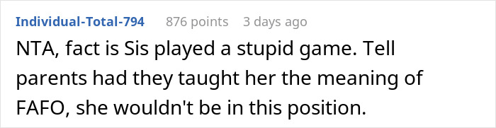 Comment discussing a sister's actions leading to her arrest, with a mention of consequences.
