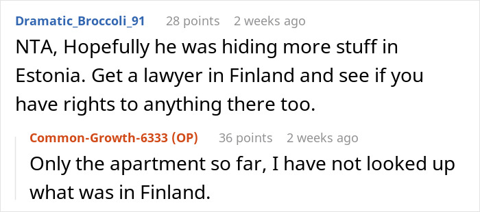 Reddit discussion about rights to apartment inheritance, involving lawyers in Finland and Estonia.