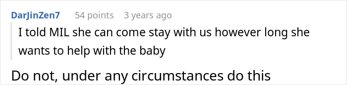 Comment thread about MIL taking baby, with warning against letting her stay.