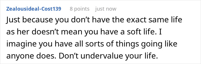 Text comment on stress, valuing life, and differing lifestyles in a discussion thread.