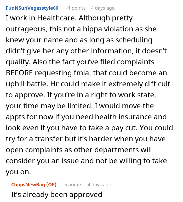 Reddit discussion about boss canceling doctor's appointment, addressing HIPAA and HR issues in healthcare.