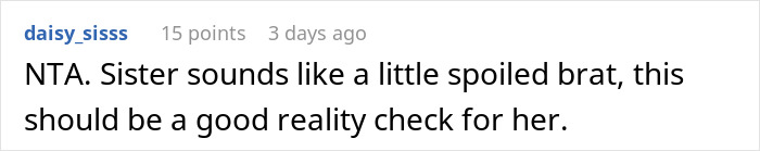 User comment on forum reads: "NTA. Sister sounds like a little spoiled brat, this should be a good reality check for her.