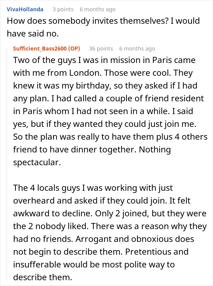 Reddit comment exchange discussing traders' arrogance and social dynamics at a dinner plan.