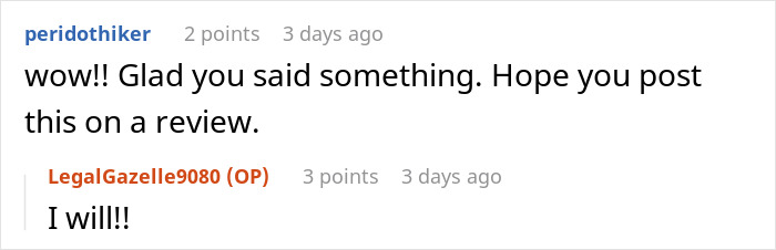 Customer reacts to nail salon prices, advised to post a review.