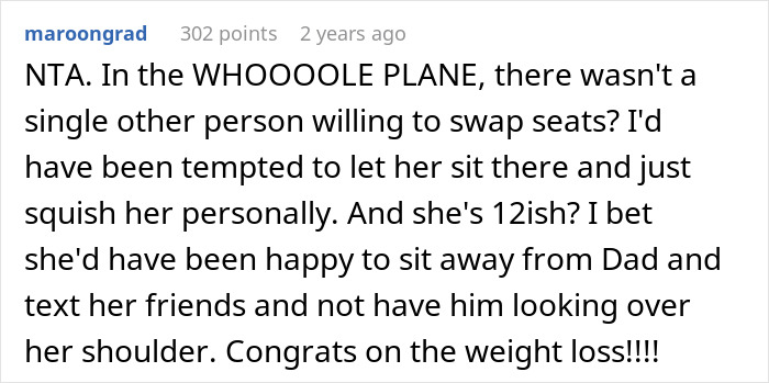 Reddit comment discussing a woman booking two plane seats and refusing to share.