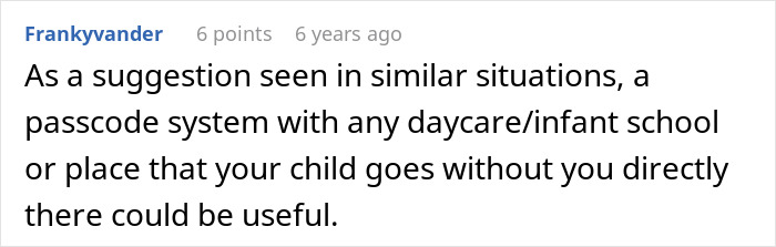 Screenshot of a forum comment discussing a daycare passcode system for child safety. Screenshot of a forum comment discussing a daycare passcode system for child safety.