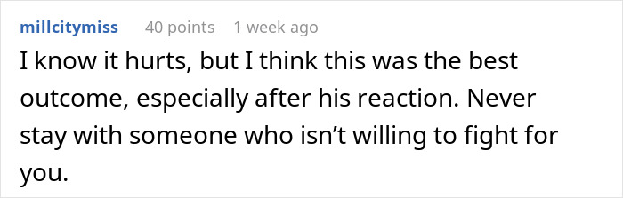 User comment on relationship pain, suggesting separation if unwilling to fight for love.
