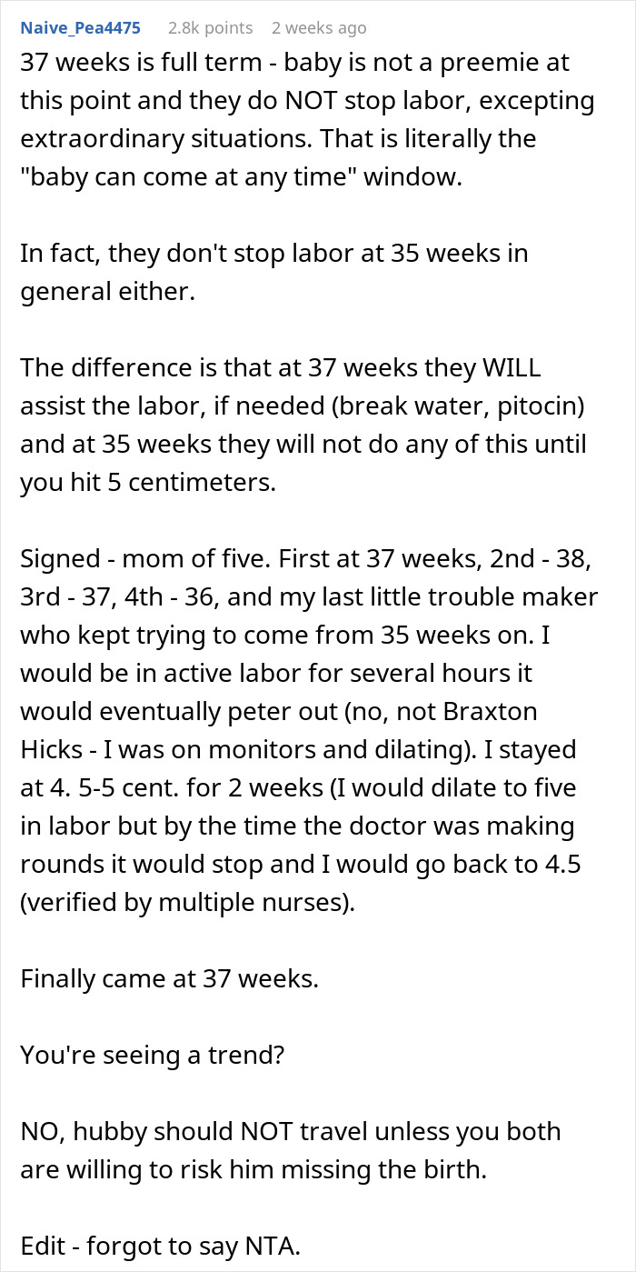 Mom-to-be advises husband not to attend sister's wedding due to close due date, sharing her experience with labor timing.