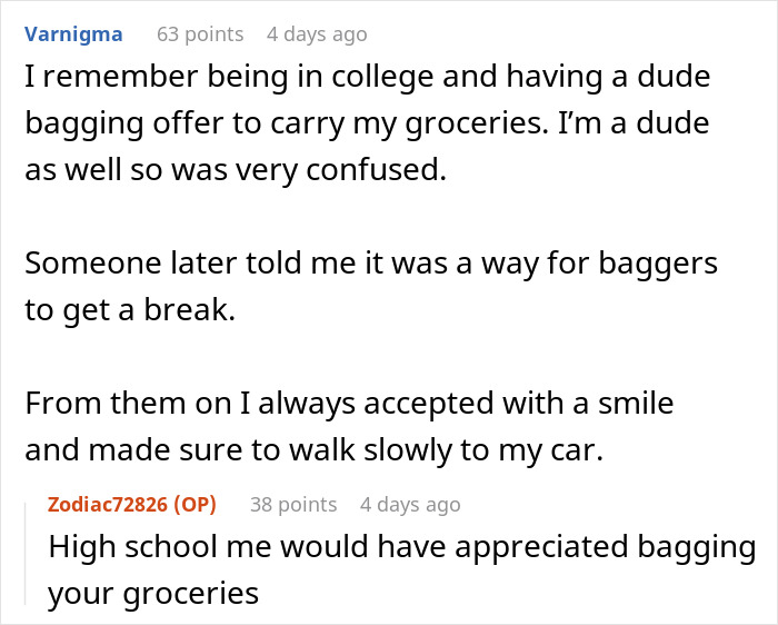 Employee follows grocery store policy, explaining bagging offers to customers with a humorous twist in comments. Employee follows grocery store policy, explaining bagging offers to customers with a humorous twist in comments.