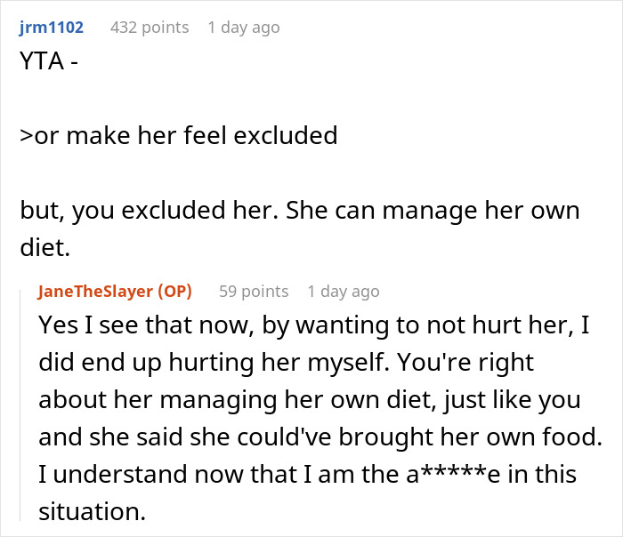 Reddit comments discussing a manager excluding a coworker from a BBQ due to her diet.