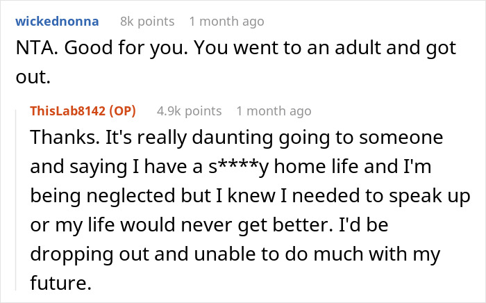 Reddit comment thread about a teen dealing with neglectful home life and seeking help. Reddit comment thread about a teen dealing with neglectful home life and seeking help.