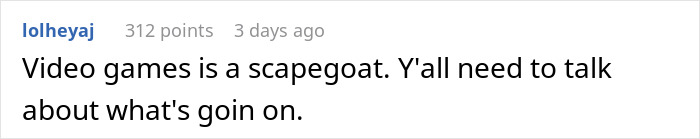 Reddit comment discussing video games as a scapegoat for deeper issues.