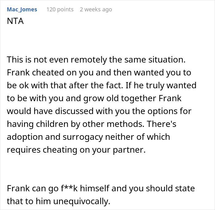 Comment discussing a man wanting a baby, cheating, and affair baby's impact on marriage.