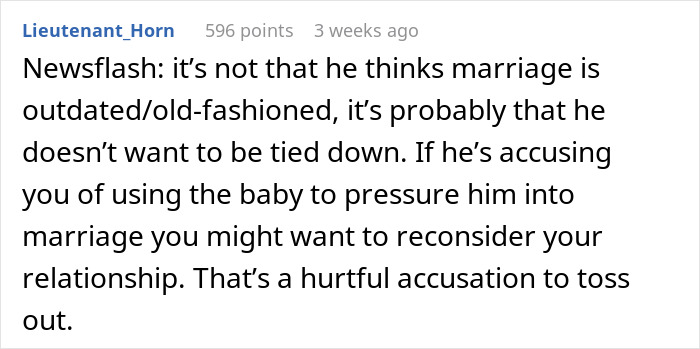 Comment about marriage skepticism, discussing relationship pressures and accusations.