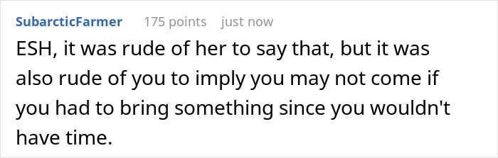 Comment discussing potluck etiquette, pointing out rudeness in both host and friend&rsquo;s behavior.