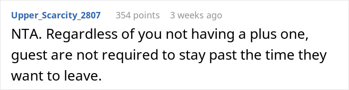 Reddit comment discussing leaving a wedding early without a plus one, emphasizing guest freedom to choose departure time.