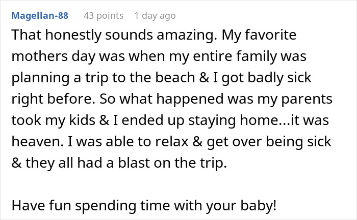 Text conversation about missing a family beach trip and being content with staying home to relax.