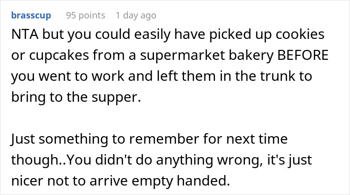 Comment advising against arriving empty-handed to potluck, suggesting store-bought treats for next time.