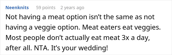 Text comment discussing the lack of meat option at a wedding, supporting the vegetarian menu choice. Text comment discussing the lack of meat option at a wedding, supporting the vegetarian menu choice.