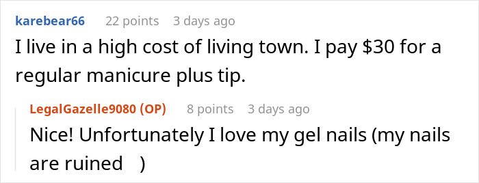 Conversation about nail salon prices, mentioning a $30 manicure and the preference for gel nails.