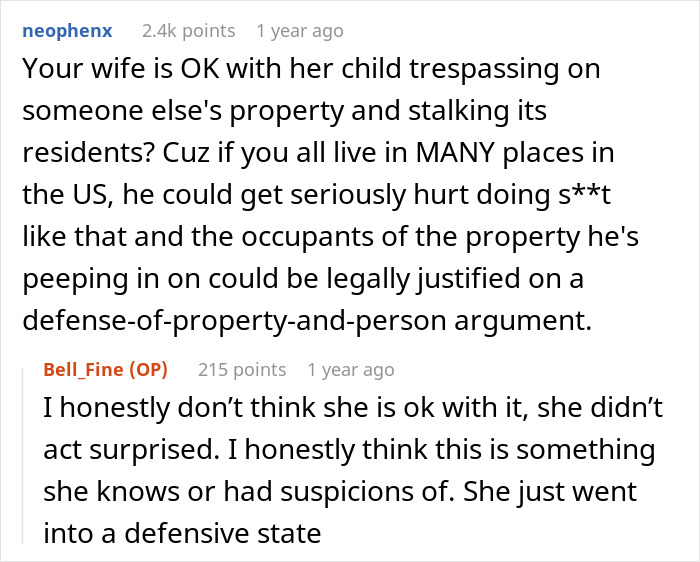 Reddit comments discussing a dad catching teen son creeping around neighbor&rsquo;s yard and wife&rsquo;s shocking defense of him.