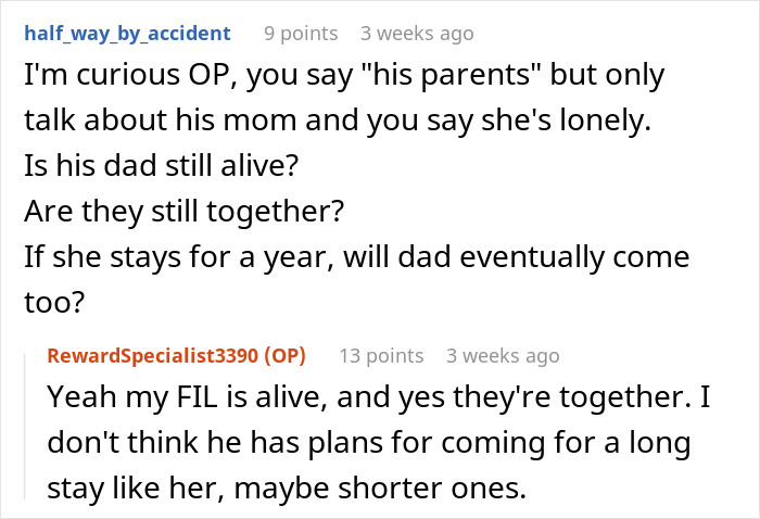 Discussion about in-laws' long stay plans and family dynamics in a text exchange on social media. Discussion about in-laws' long stay plans and family dynamics in a text exchange on social media.