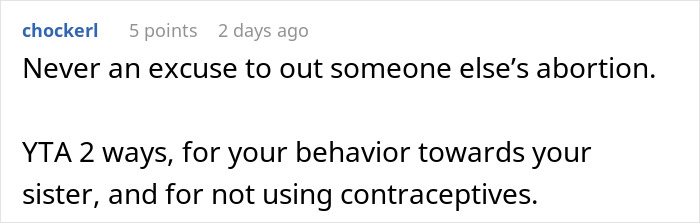Reddit comment criticizing Christian sister for using sensitive information as a weapon. Reddit comment criticizing Christian sister for using sensitive information as a weapon.