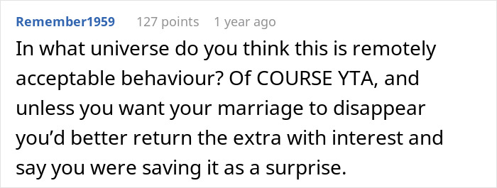 Comment criticizing man for overcharging rent to stepdaughter, suggesting repayment to save marriage.